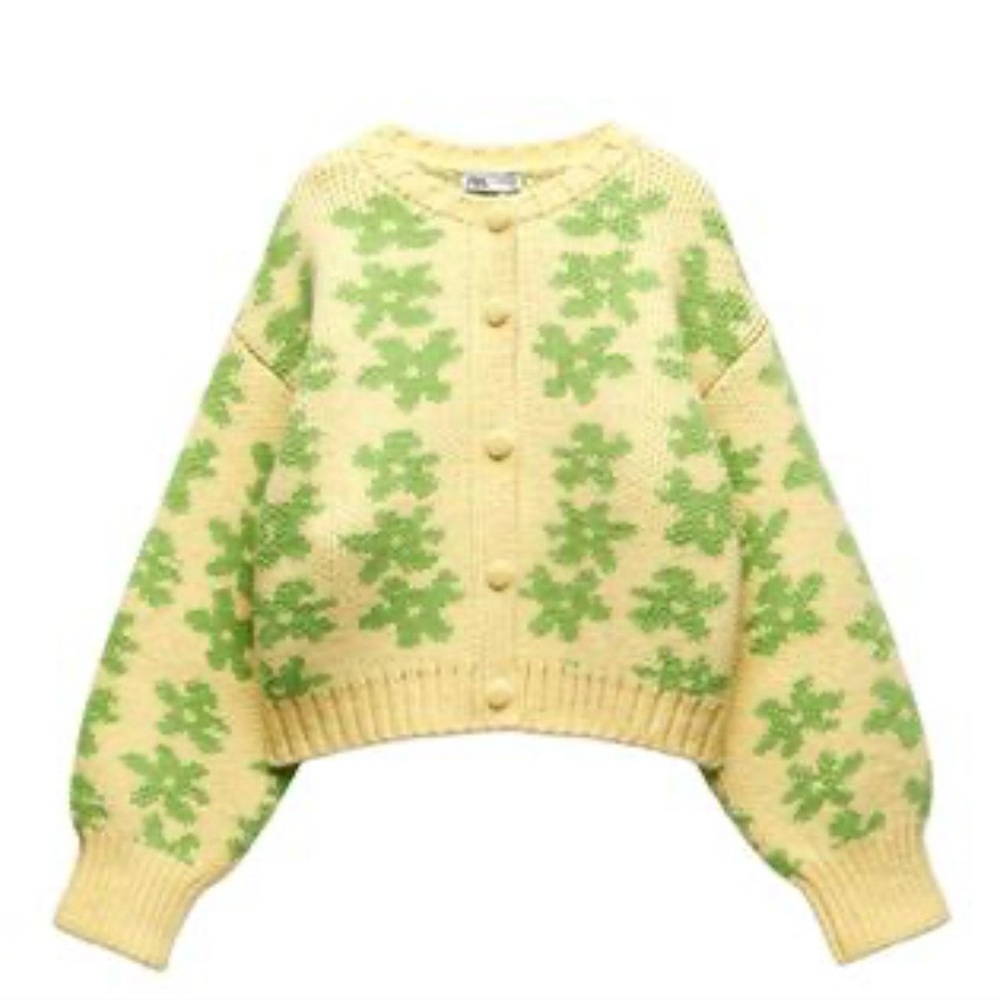 Zara Yellow and Green Floral Knit Cardigan
